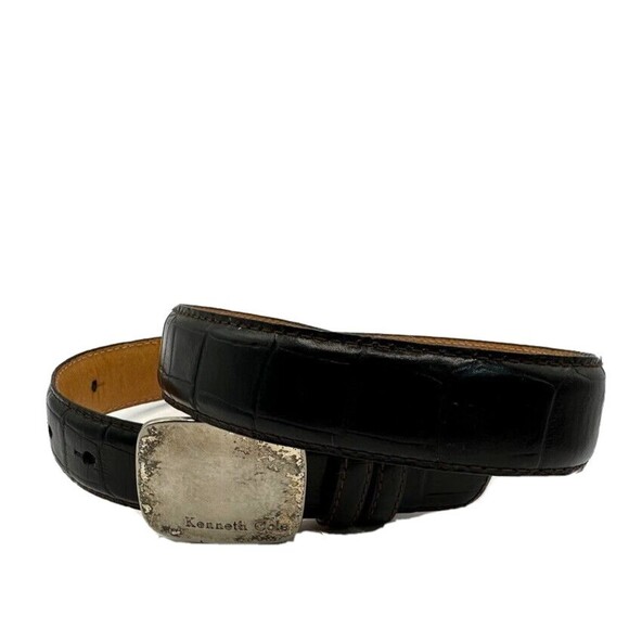 Kenneth Cole Belt Mens 30 Black Croc Embossed Italian Leather Silver Buckle - Picture 2 of 16